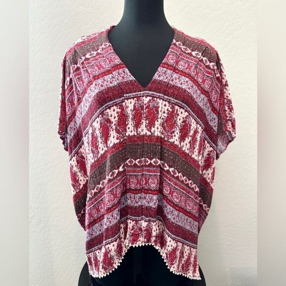 ANTHROPOLOGIE | Chelsea & Violet Boho Tunic Top Red Purple Mixed Print | Small - Picture 2 of 7